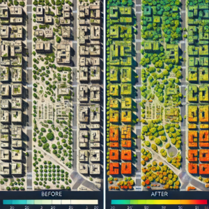 A before-and-after comparison using GIS to show the impact of tree planting on urban temperatures